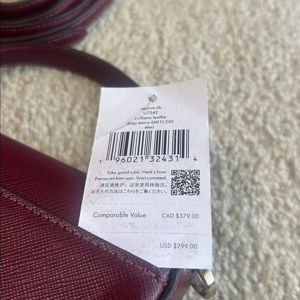 Kate Spade Square CB Soffiano leather bag.  Deep berry color.  NWT - Picture 10 of 12